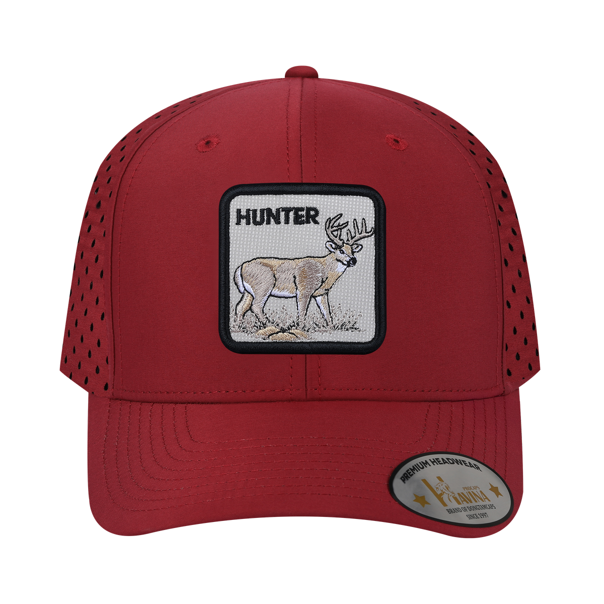Unisex Embroidered The Hunter, 6-Panel Microfiber Laser hole Trucker Hat, Dark Red/Dark Red, Adjustable Fit