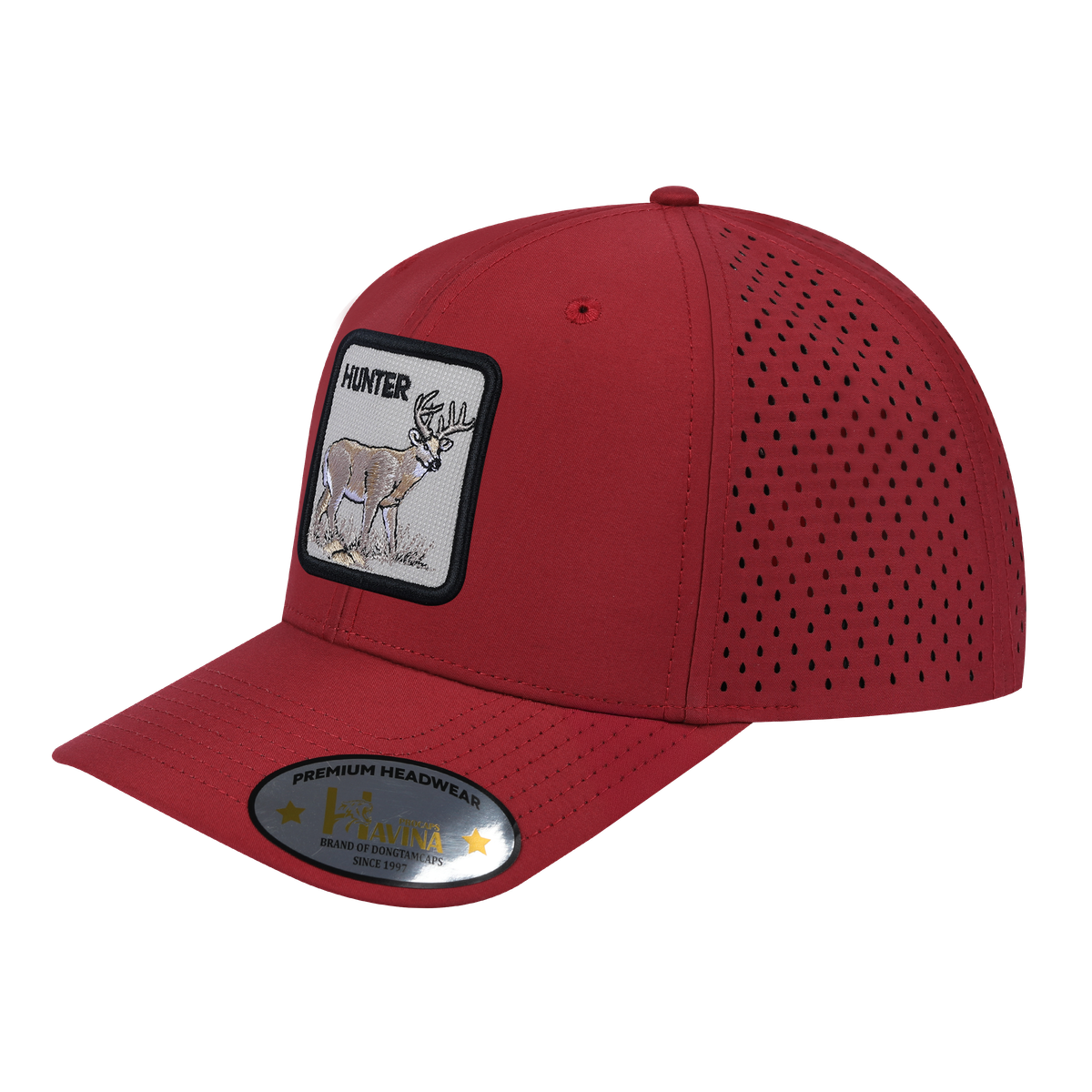 Unisex Embroidered The Hunter, 6-Panel Microfiber Laser hole Trucker Hat, Dark Red/Dark Red, Adjustable Fit