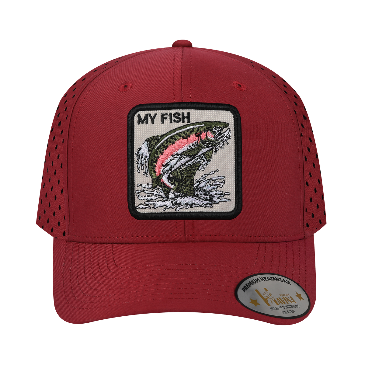 Unisex Embroidered The My Fish, 6-Panel Microfiber Laser hole Trucker Hat, Dark Red/Dark Red, Adjustable Fit