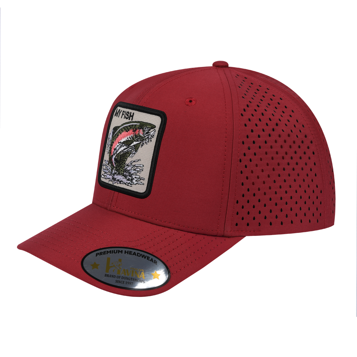Unisex Embroidered The My Fish, 6-Panel Microfiber Laser hole Trucker Hat, Dark Red/Dark Red, Adjustable Fit