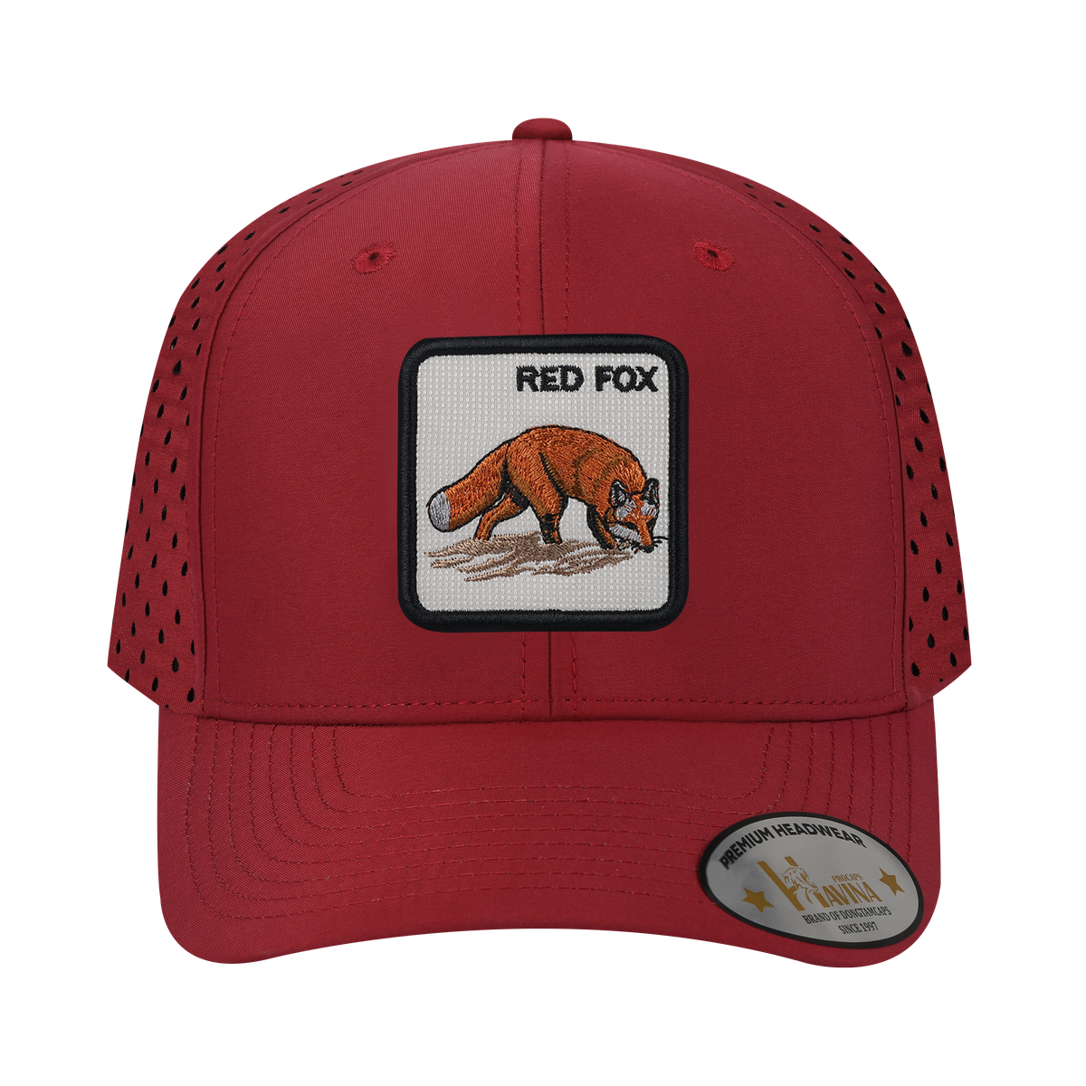 Unisex Embroidered The Red Fox, 6-Panel Microfiber Laser hole Trucker Hat, Dark Red/Dark Red, Adjustable Fit