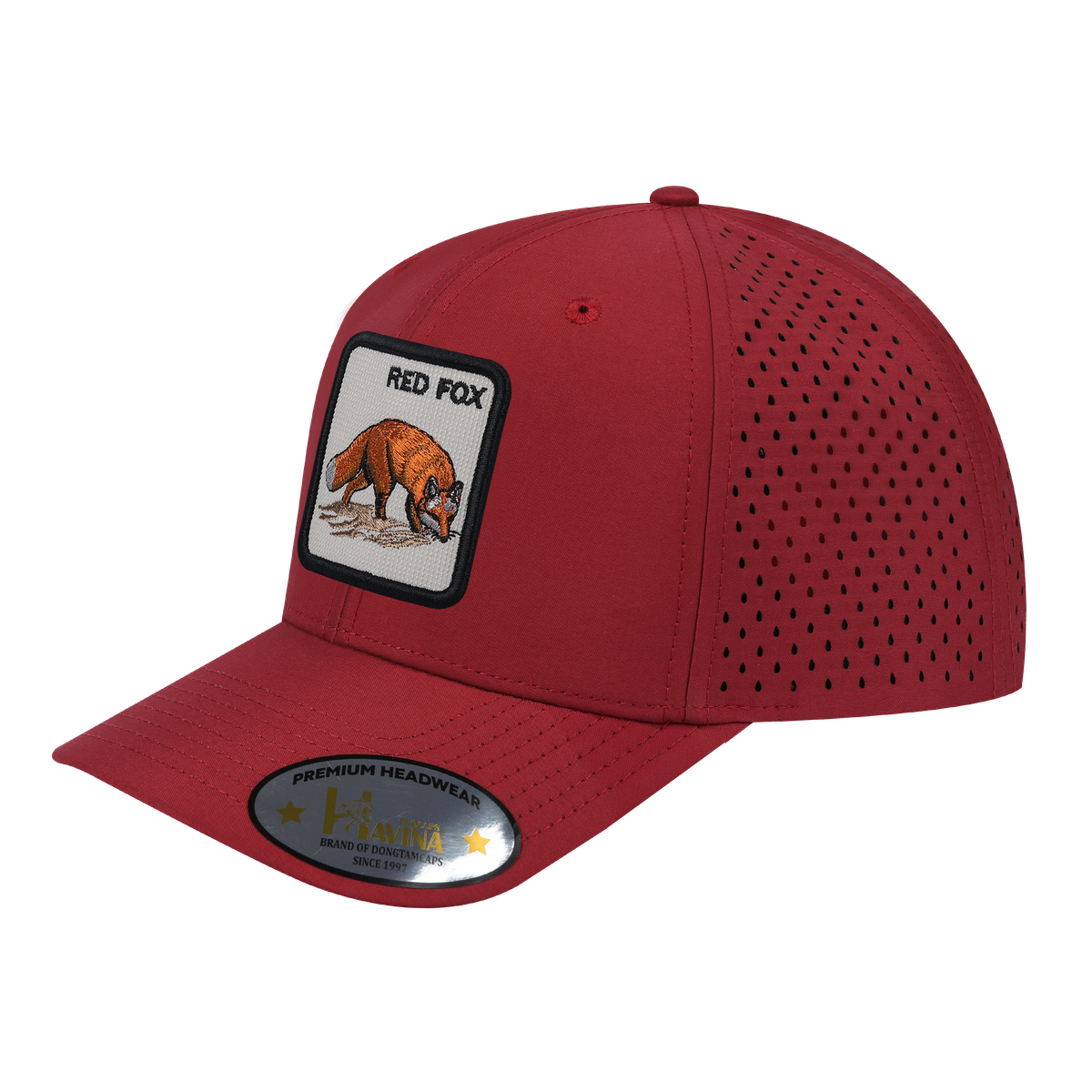 Unisex Embroidered The Red Fox, 6-Panel Microfiber Laser hole Trucker Hat, Dark Red/Dark Red, Adjustable Fit