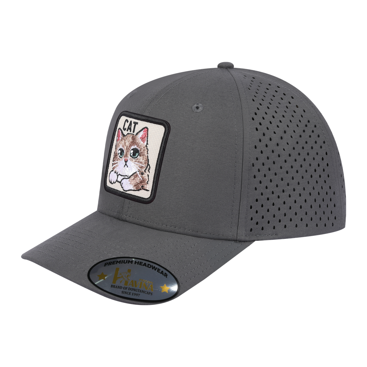 Unisex Embroidered The Cat, 6-Panel Microfiber Laser hole Trucker Hat, Grey/Grey, Adjustable Fit