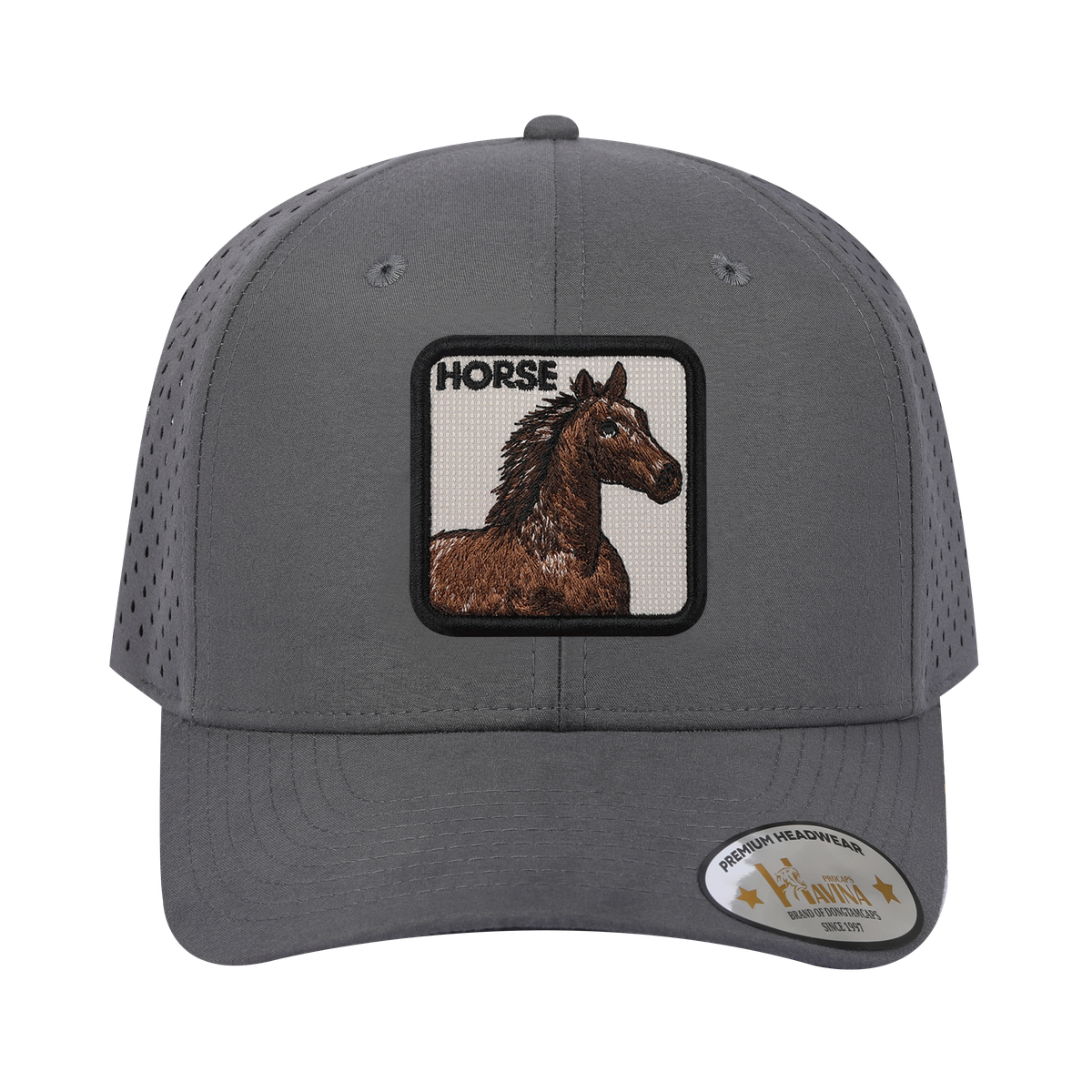 Unisex Embroidered The Horse, 6-Panel Microfiber Laser hole Trucker Hat, Grey/Grey, Adjustable Fit