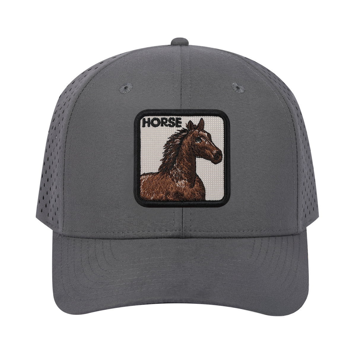Unisex Embroidered The Horse, 6-Panel Microfiber Laser hole Trucker Hat, Grey/Grey, Adjustable Fit