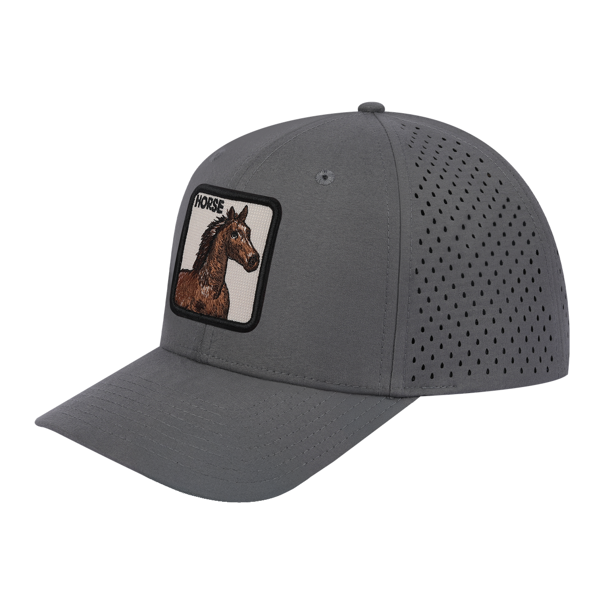 Unisex Embroidered The Horse, 6-Panel Microfiber Laser hole Trucker Hat, Grey/Grey, Adjustable Fit
