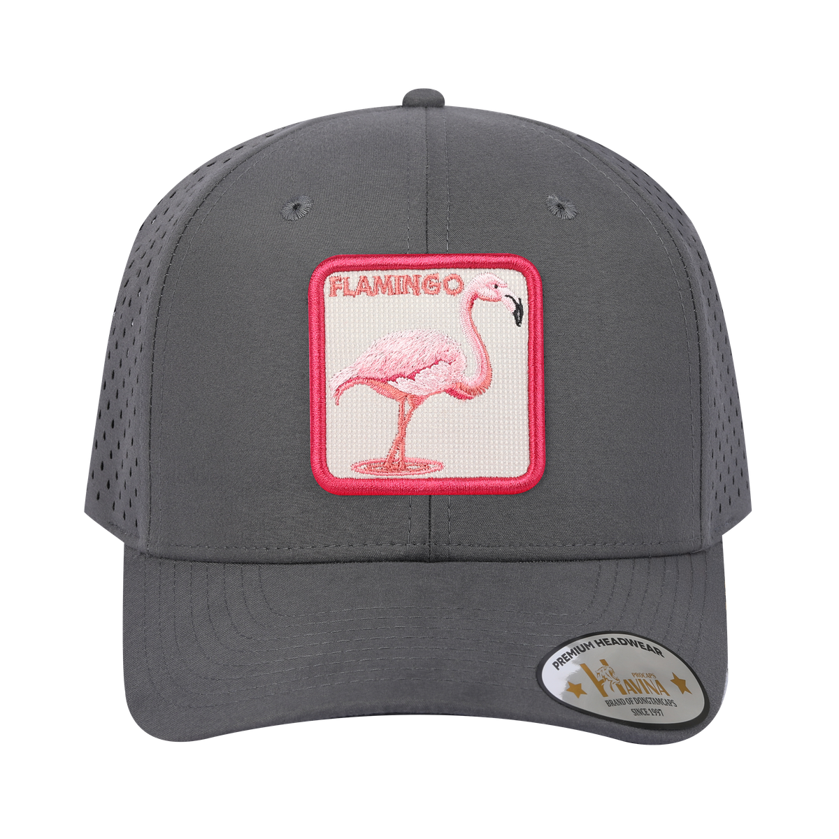 Unisex Embroidered The Flamingo, 6-Panel Microfiber Laser hole Trucker Hat, Grey/Grey, Adjustable Fit