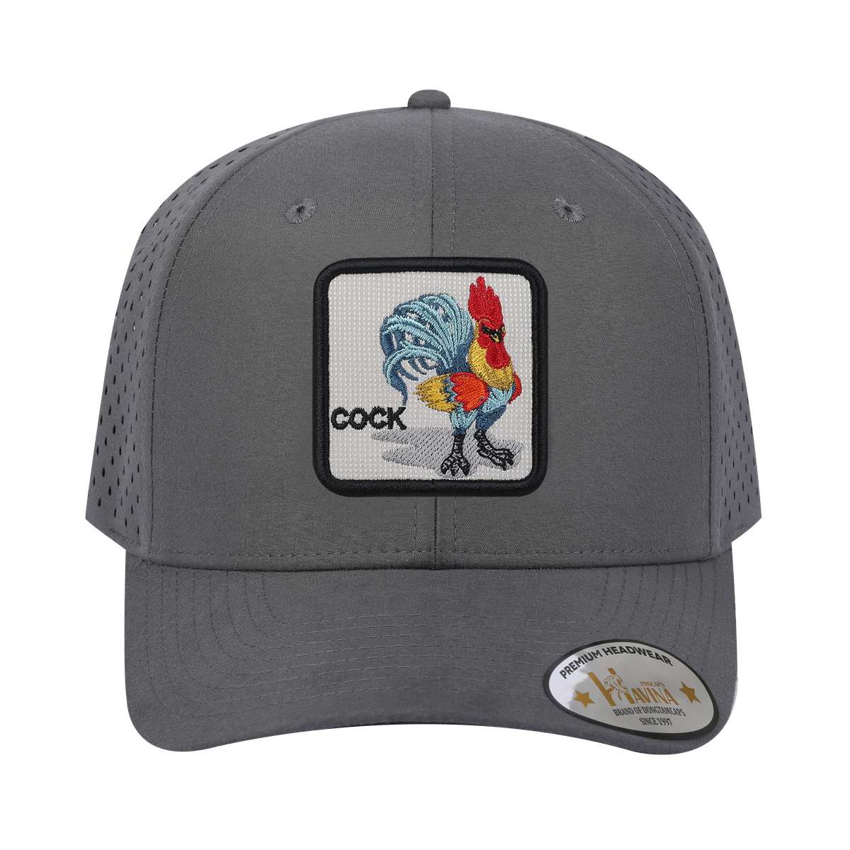 Unisex Embroidered Logo Cock, 6-Panel Microfiber Laser hole Trucker Hat, Grey/Grey, Adjustable Fit