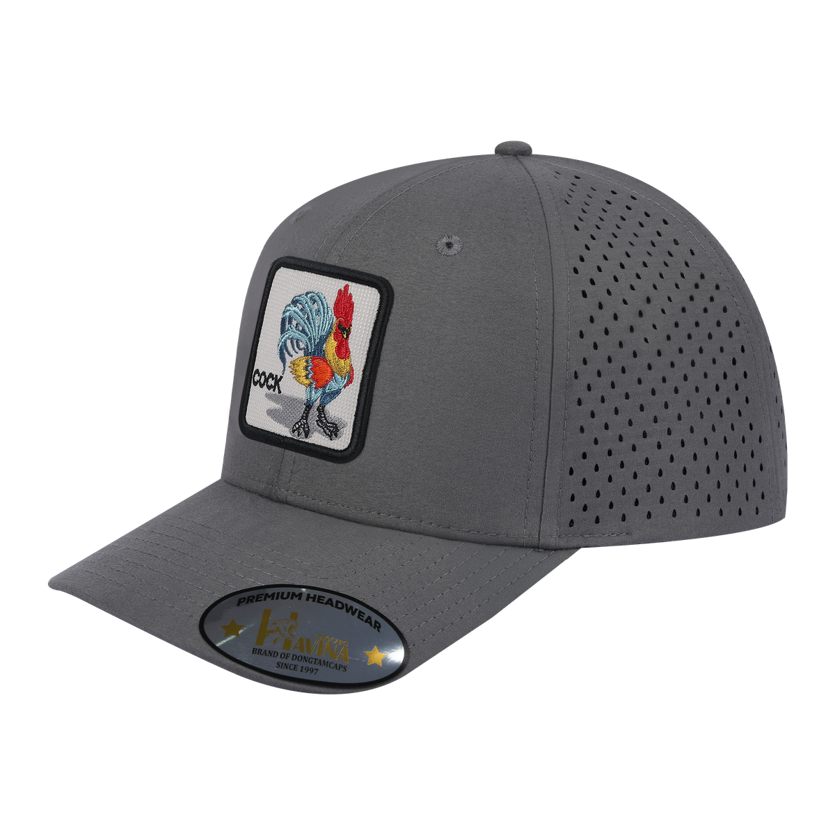 Unisex Embroidered Logo Cock, 6-Panel Microfiber Laser hole Trucker Hat, Grey/Grey, Adjustable Fit