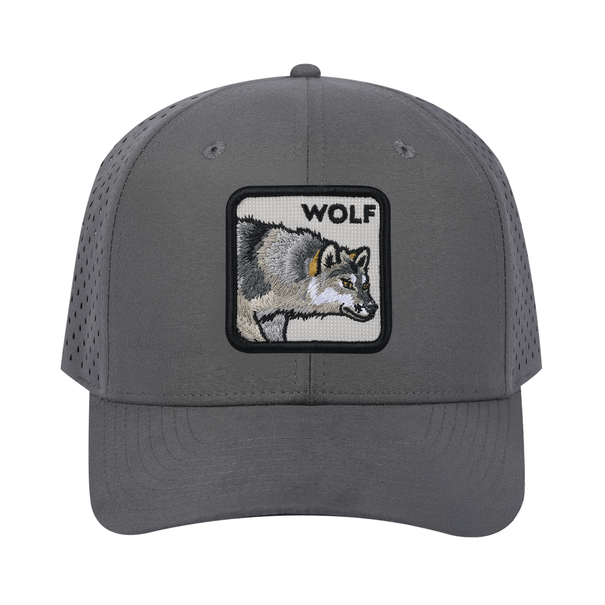 Unisex Embroidered The Wolf, 6-Panel Microfiber Laser hole Trucker Hat, Grey/Grey, Adjustable Fit