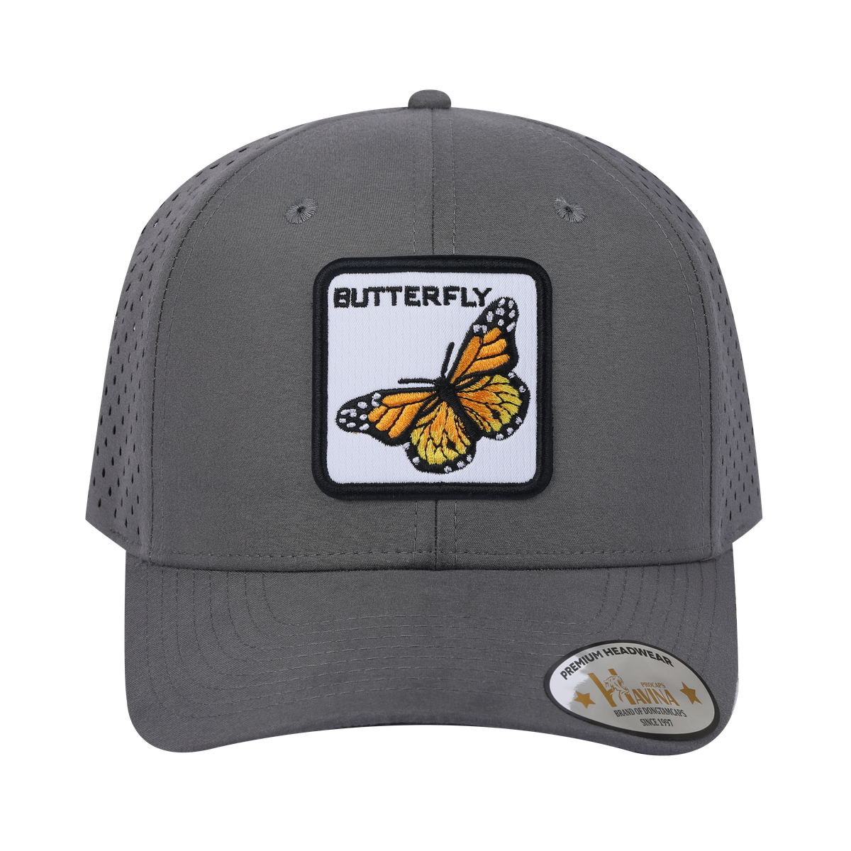 Unisex Embroidered The Butterfly, 6-Panel Microfiber Laser hole Trucker Hat, Grey/Grey, Adjustable Fit