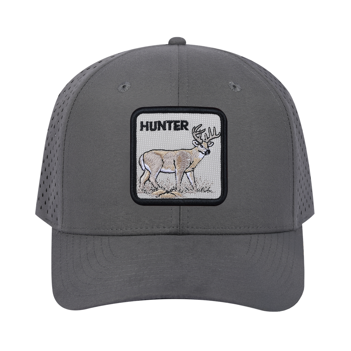 Unisex Embroidered The Hunter, 6-Panel Microfiber Laser hole Trucker Hat, Grey/Grey, Adjustable Fit