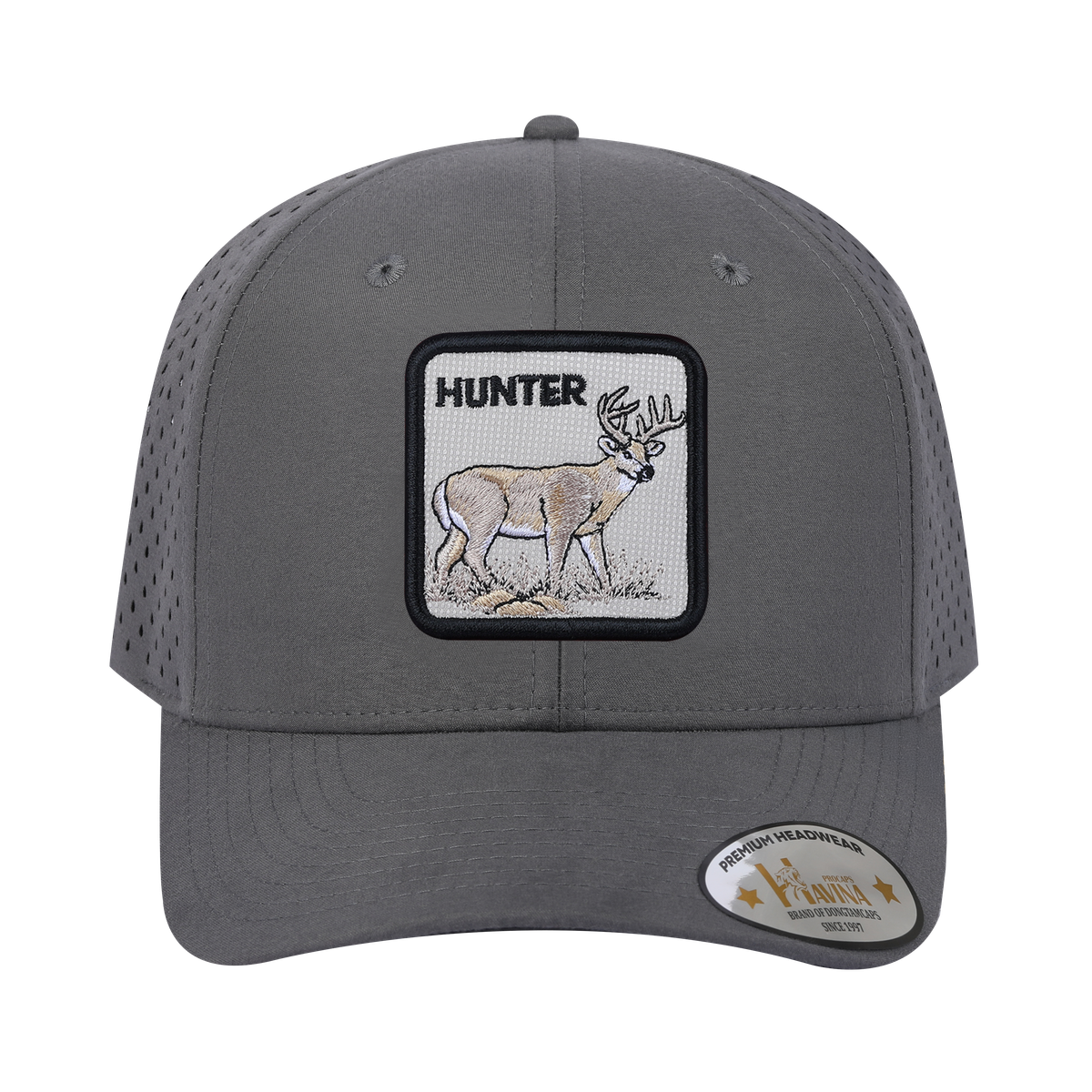 Unisex Embroidered The Hunter, 6-Panel Microfiber Laser hole Trucker Hat, Grey/Grey, Adjustable Fit