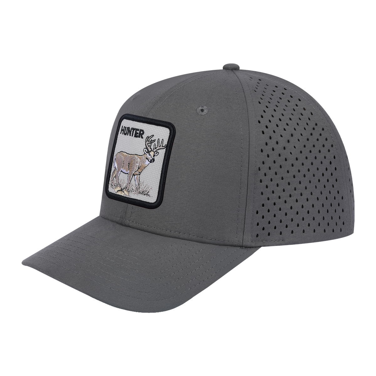 Unisex Embroidered The Hunter, 6-Panel Microfiber Laser hole Trucker Hat, Grey/Grey, Adjustable Fit