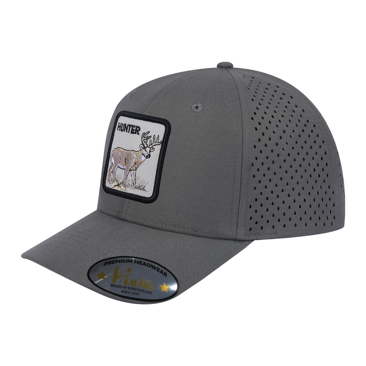 Unisex Embroidered The Hunter, 6-Panel Microfiber Laser hole Trucker Hat, Grey/Grey, Adjustable Fit