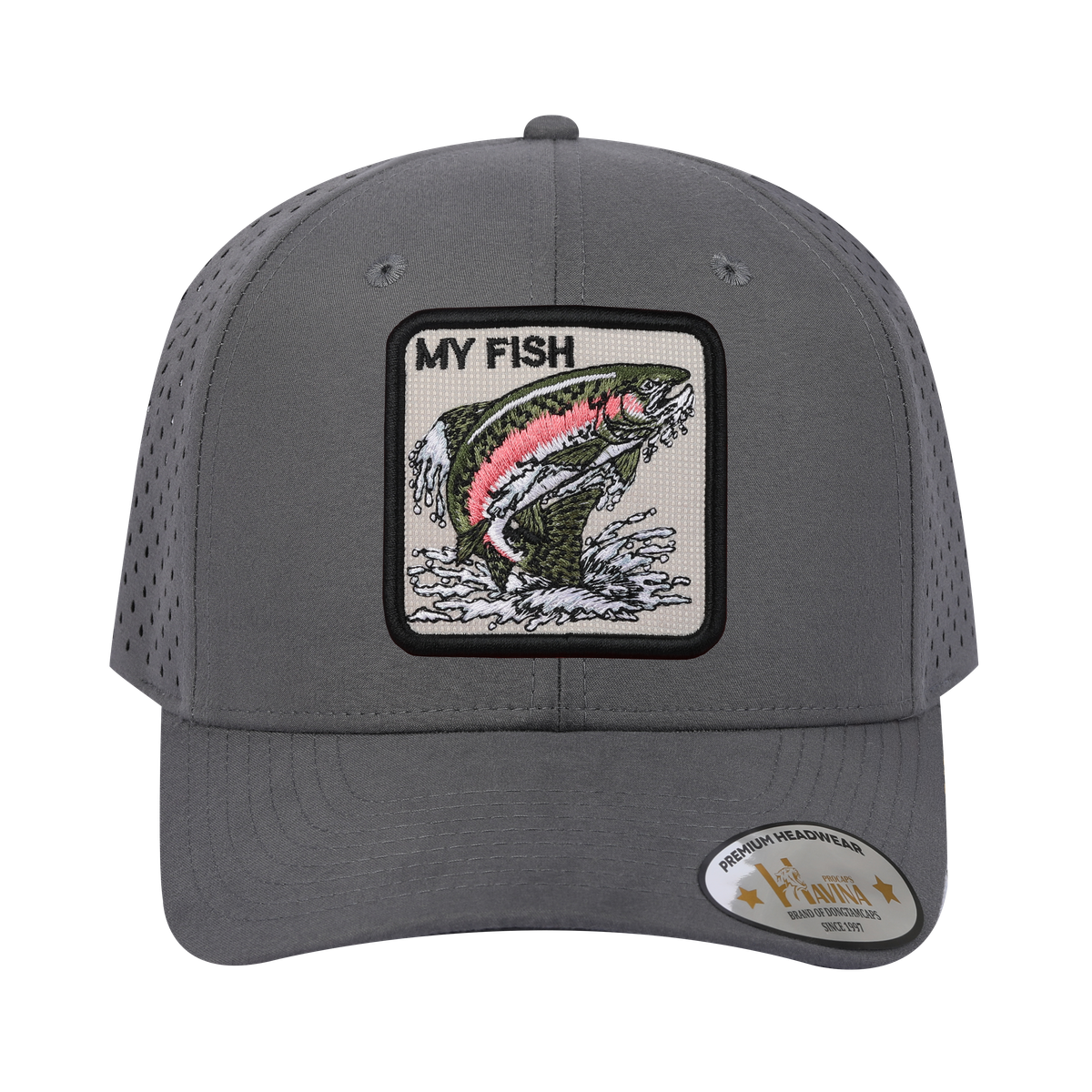 Unisex Embroidered The My Fish, 6-Panel Microfiber Laser hole Trucker Hat, Grey/Grey, Adjustable Fit