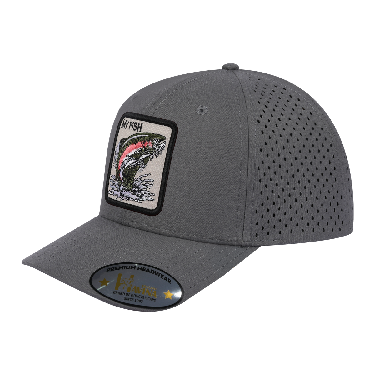 Unisex Embroidered The My Fish, 6-Panel Microfiber Laser hole Trucker Hat, Grey/Grey, Adjustable Fit