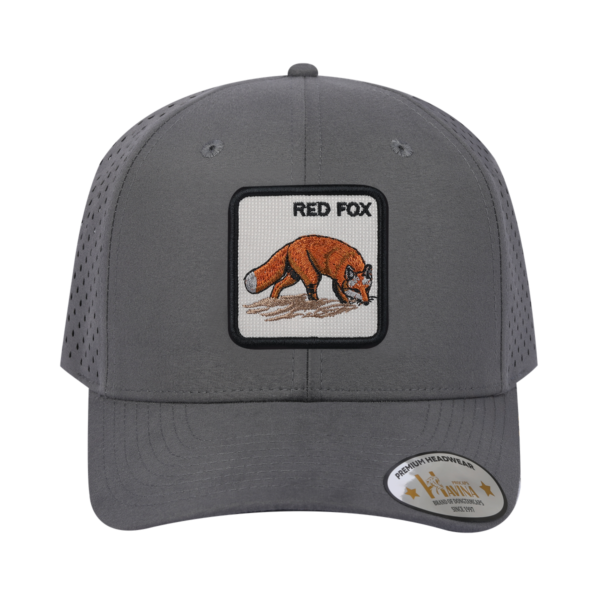 Unisex Embroidered The Red Fox, 6-Panel Microfiber Laser hole Trucker Hat, Grey/Grey, Adjustable Fit