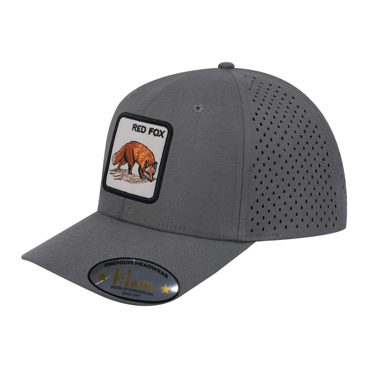 Unisex Embroidered The Red Fox, 6-Panel Microfiber Laser hole Trucker Hat, Grey/Grey, Adjustable Fit