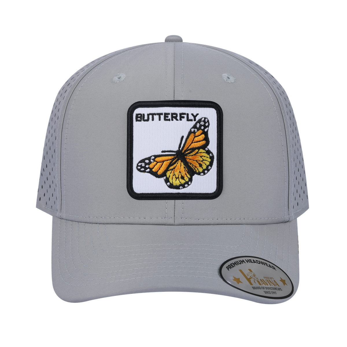 Unisex Embroidered The Butterfly, 6-Panel Microfiber Laser hole Trucker Hat, Light Grey/Light Grey, Adjustable Fit