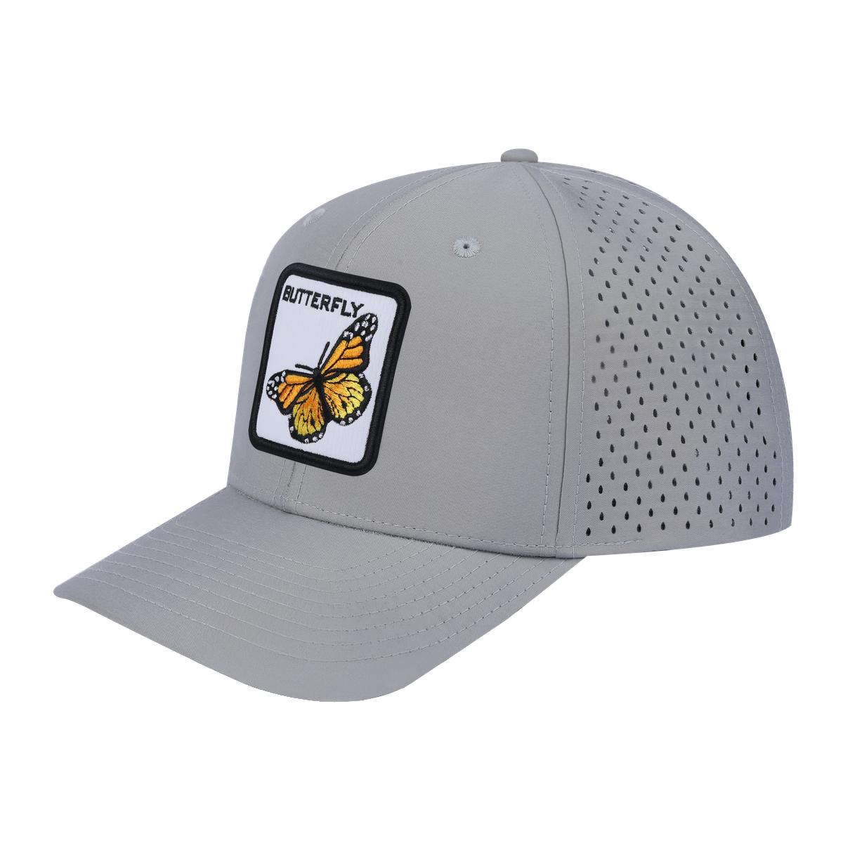 Unisex Embroidered The Butterfly, 6-Panel Microfiber Laser hole Trucker Hat, Light Grey/Light Grey, Adjustable Fit