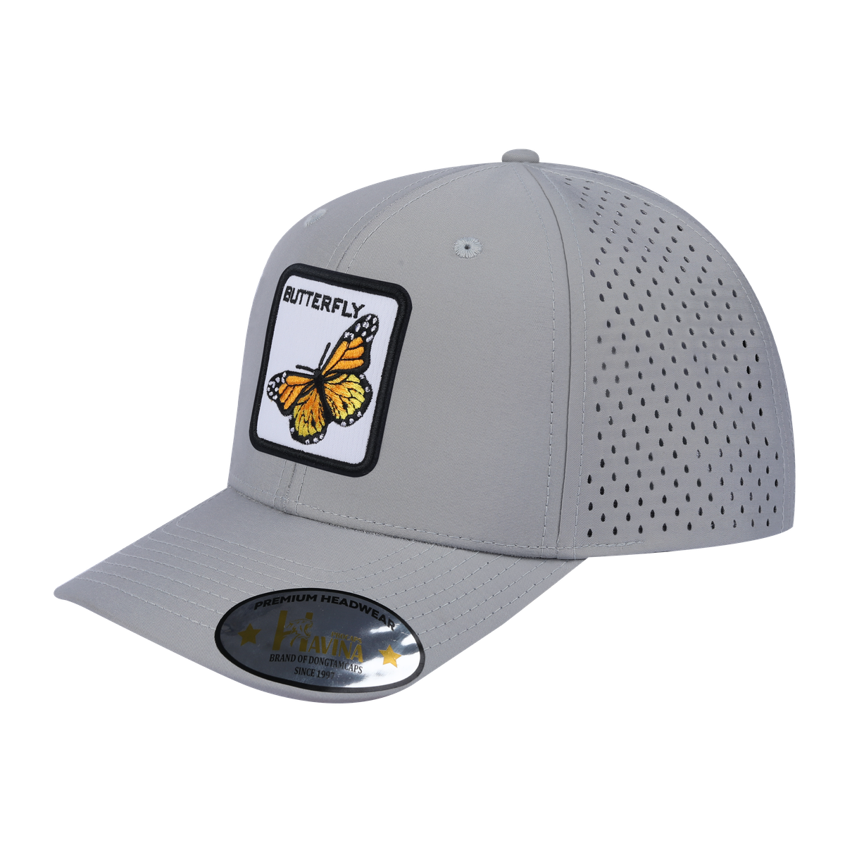 Unisex Embroidered The Butterfly, 6-Panel Microfiber Laser hole Trucker Hat, Light Grey/Light Grey, Adjustable Fit
