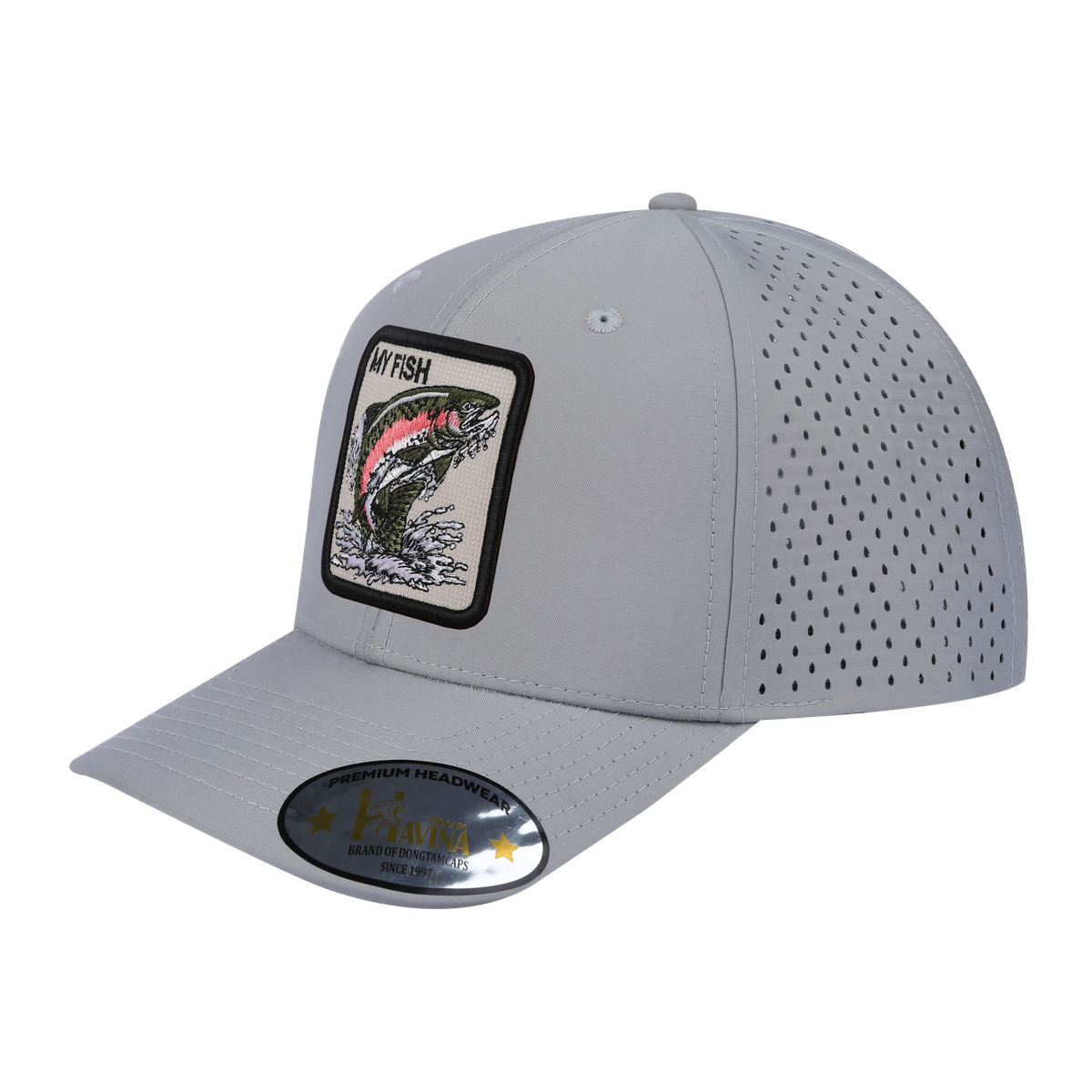 Unisex Embroidered The My Fish, 6-Panel Microfiber Laser hole Trucker Hat, Light Grey/Light Grey, Adjustable Fit