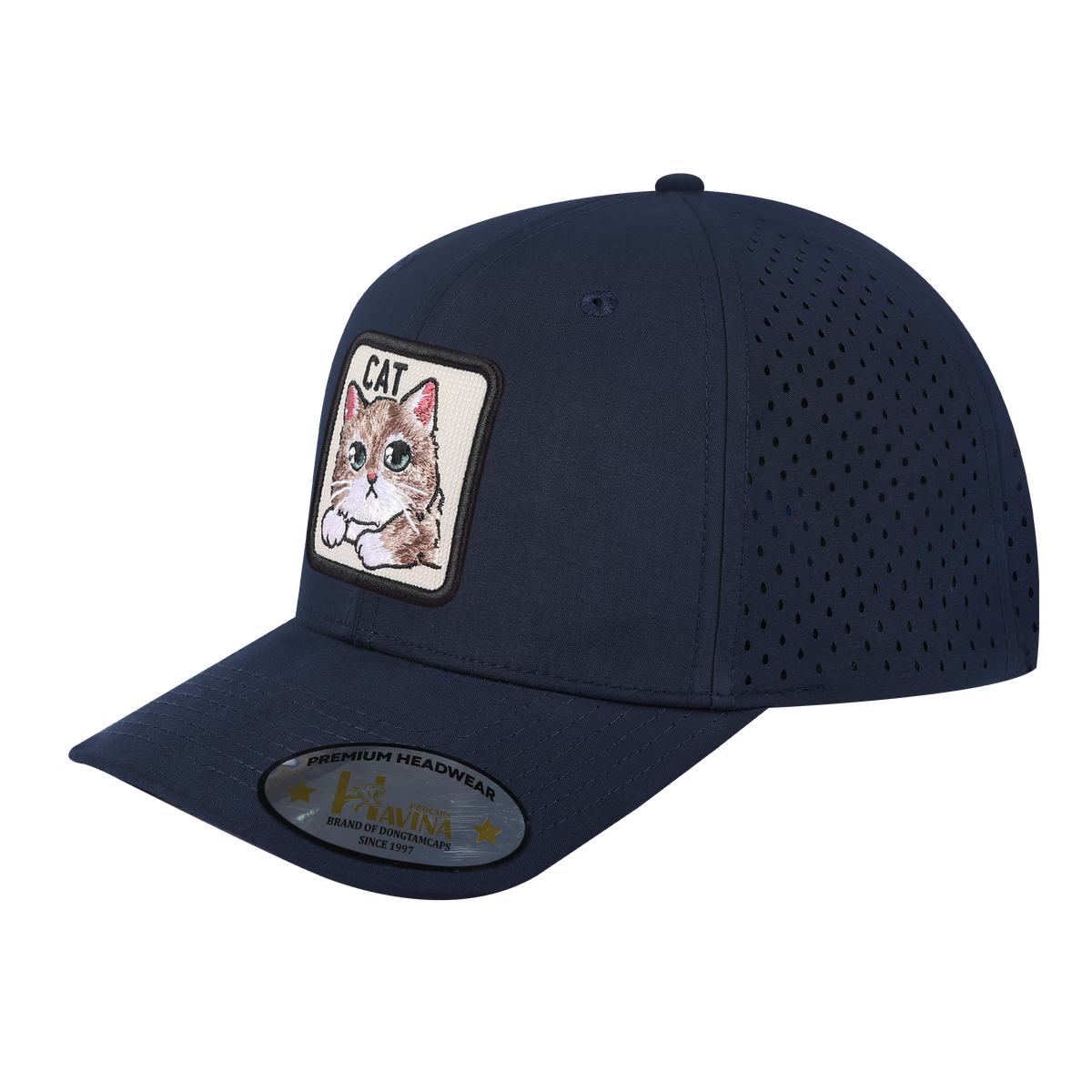 Unisex Embroidered The Cat, 6-Panel Microfiber Laser hole Trucker Hat, Navy/Navy, Adjustable Fit
