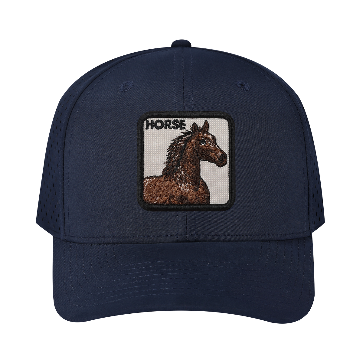 Unisex Embroidered The Horse, 6-Panel Microfiber Laser hole Trucker Hat, Navy/Navy, Adjustable Fit