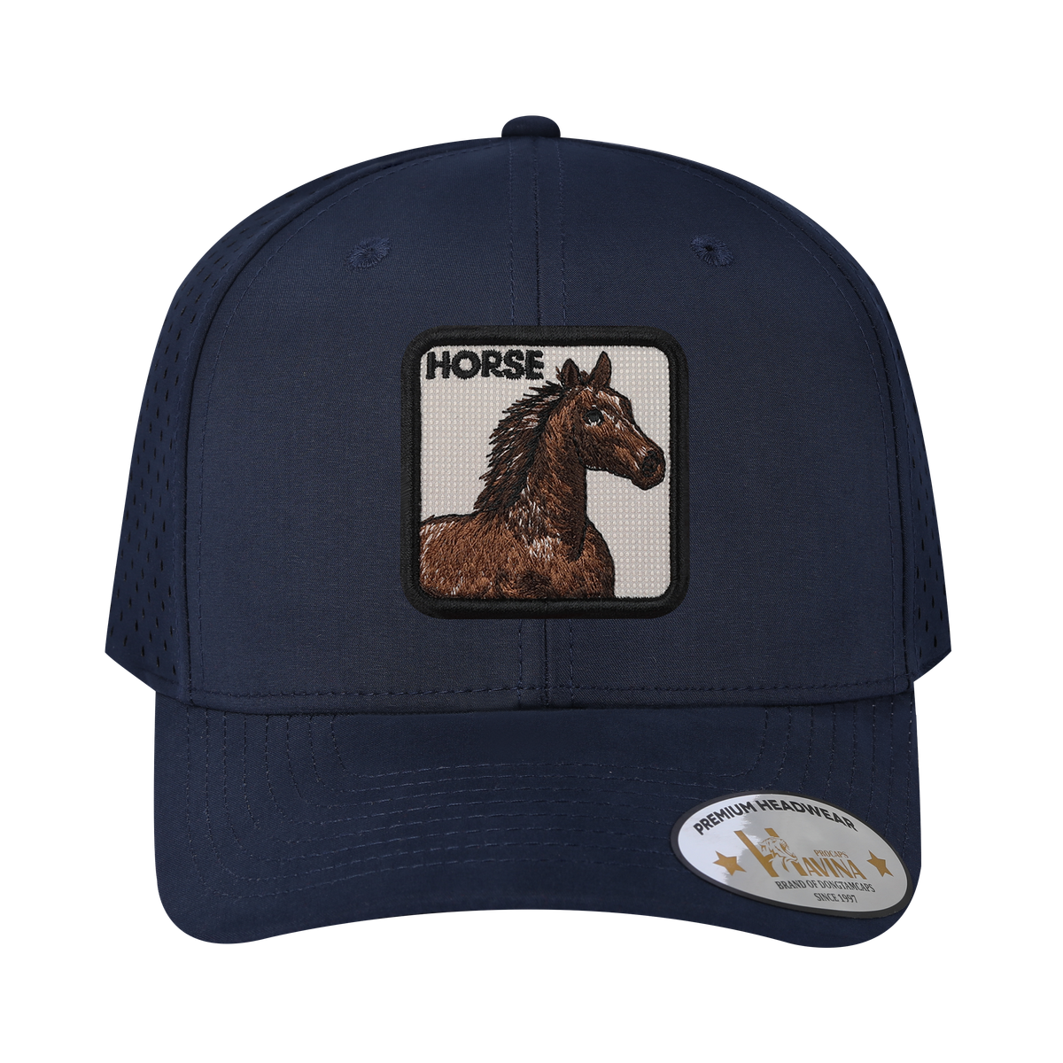 Unisex Embroidered The Horse, 6-Panel Microfiber Laser hole Trucker Hat, Navy/Navy, Adjustable Fit