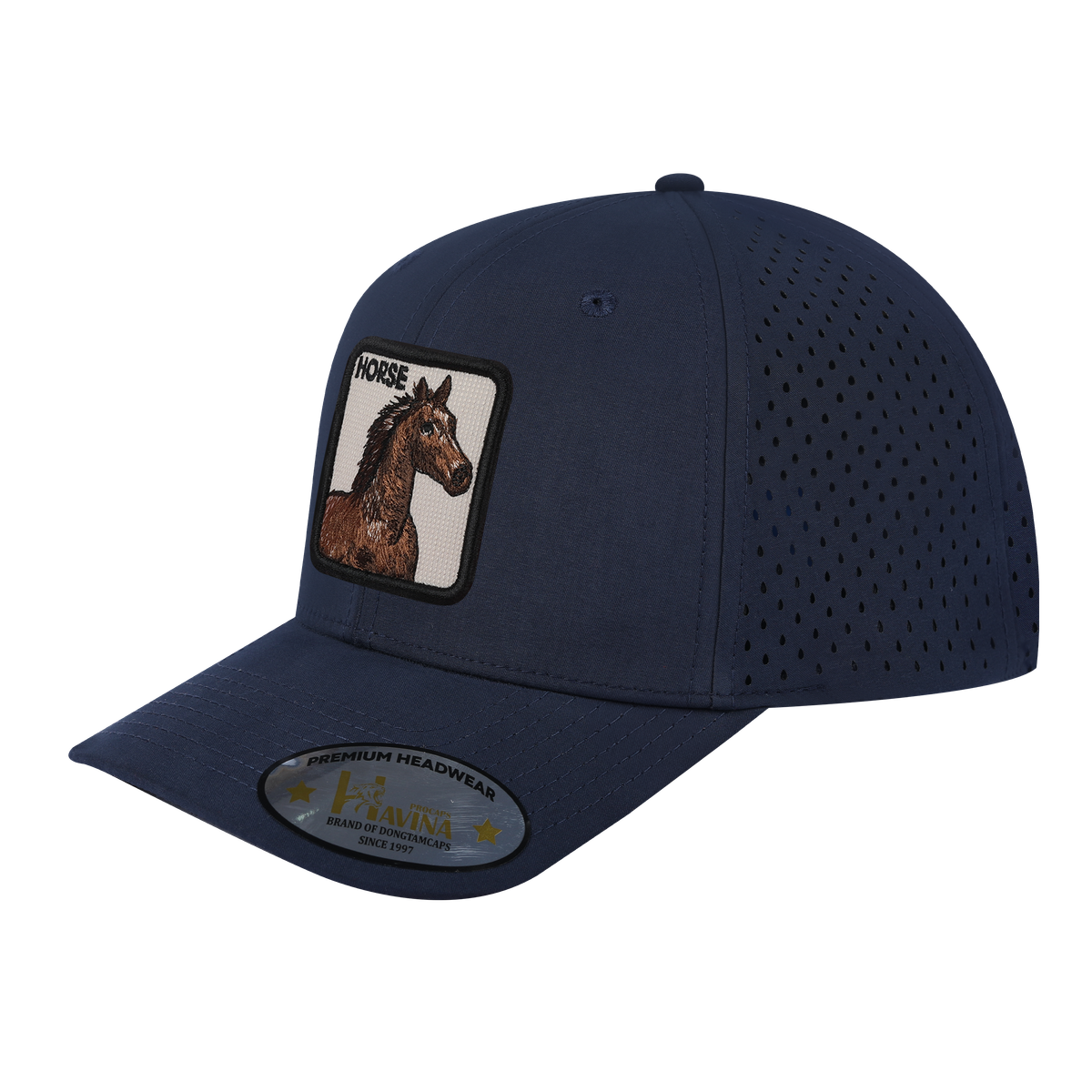 Unisex Embroidered The Horse, 6-Panel Microfiber Laser hole Trucker Hat, Navy/Navy, Adjustable Fit