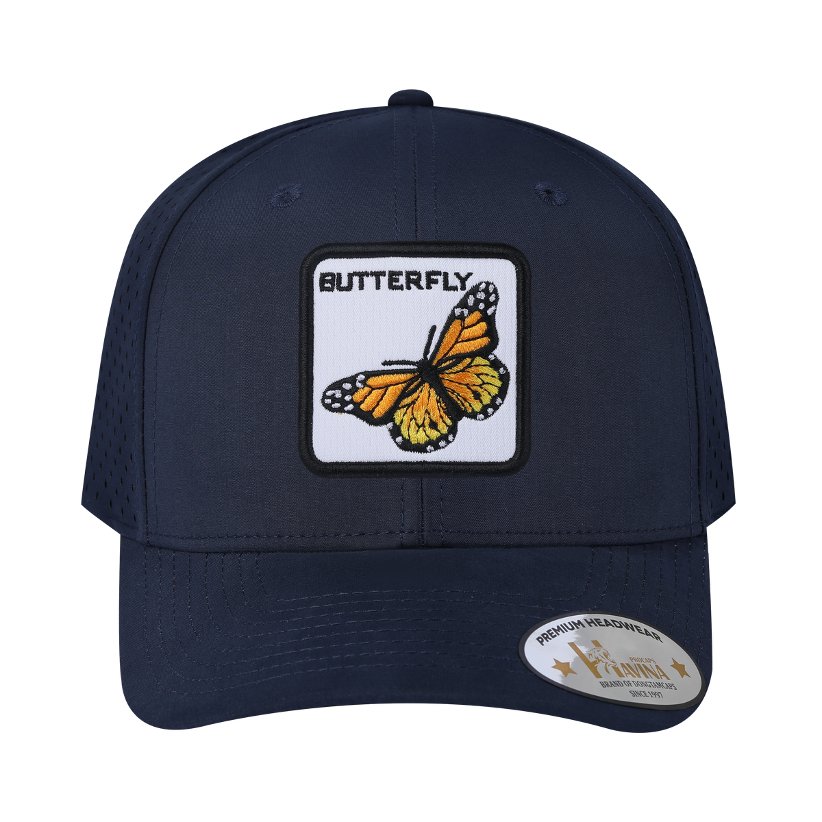 Unisex Embroidered The Butterfly, 6-Panel Microfiber Laser hole Trucker Hat, Navy/Navy, Adjustable Fit