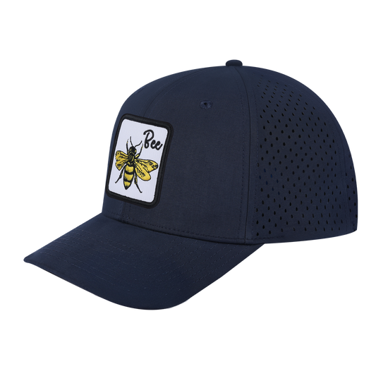 Bee 6-Panel Microfiber Laser Hole Trucker Hat with Navy front and Navy back