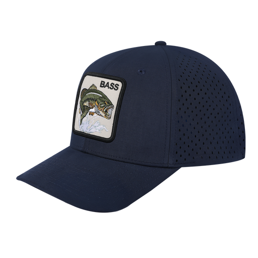 Bass 6-Panel Microfiber Laser Hole Trucker Hat with Navy front and Navy back