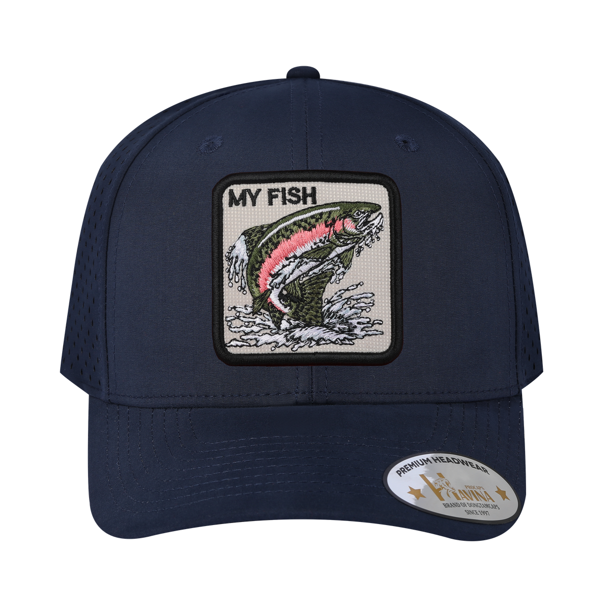Unisex Embroidered The My Fish, 6-Panel Microfiber Laser hole Trucker Hat, Navy/Navy, Adjustable Fit