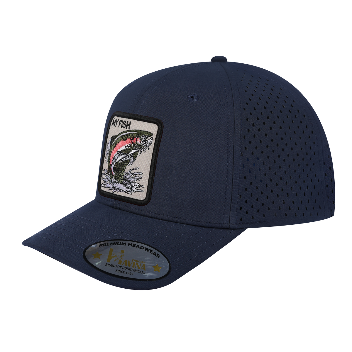 Unisex Embroidered The My Fish, 6-Panel Microfiber Laser hole Trucker Hat, Navy/Navy, Adjustable Fit