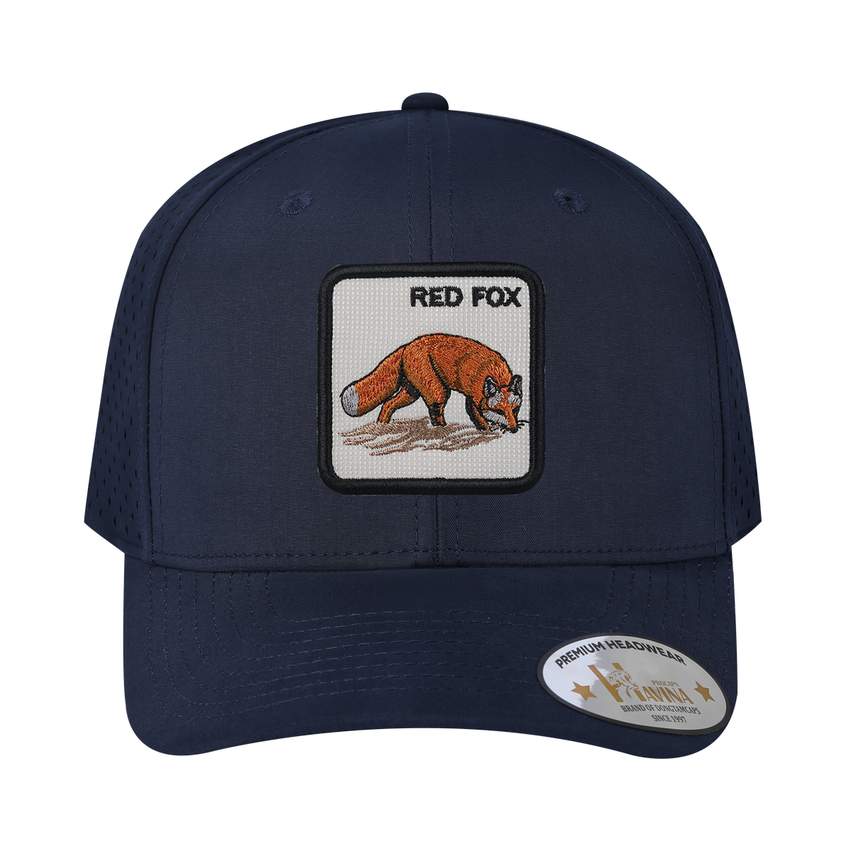 Unisex Embroidered The Red Fox, 6-Panel Microfiber Laser hole Trucker Hat, Navy/Navy, Adjustable Fit