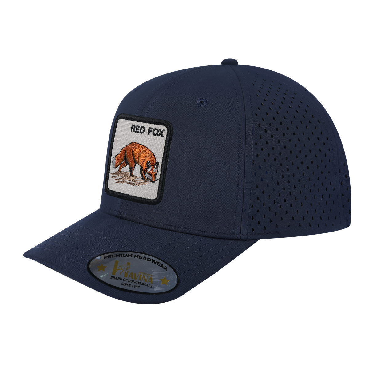 Unisex Embroidered The Red Fox, 6-Panel Microfiber Laser hole Trucker Hat, Navy/Navy, Adjustable Fit