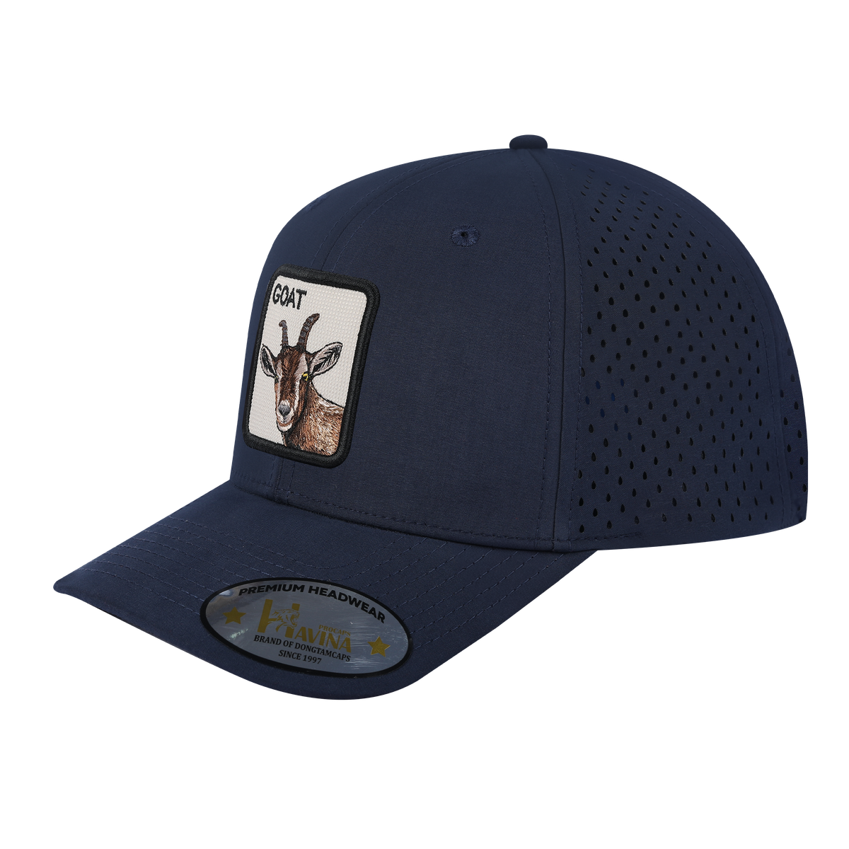 Unisex Embroidered The Goat, 6-Panel Microfiber Laser hole Trucker Hat, Navy/Navy, Adjustable Fit
