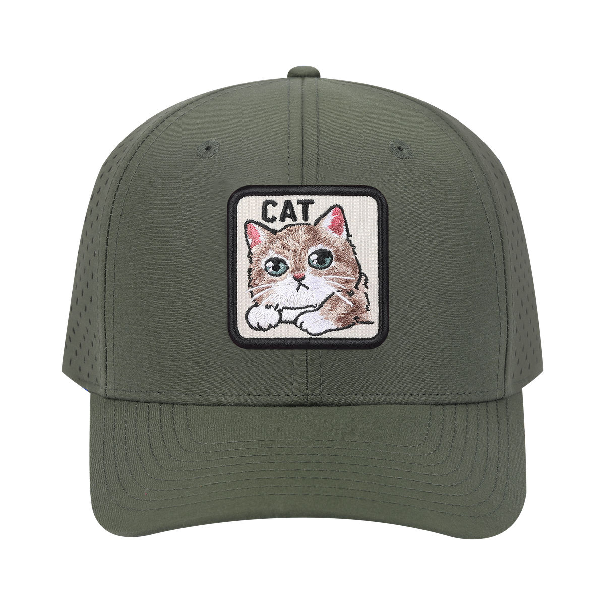Unisex Embroidered The Cat, 6-Panel Microfiber Laser hole Trucker Hat, Olive Green/Olive Green, Adjustable Fit