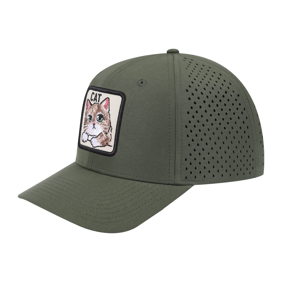 Unisex Embroidered The Cat, 6-Panel Microfiber Laser hole Trucker Hat, Olive Green/Olive Green, Adjustable Fit