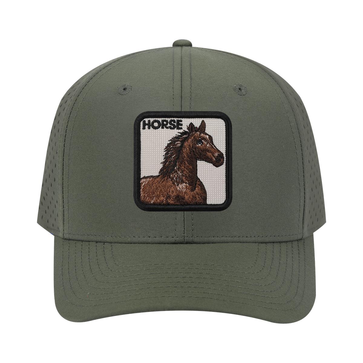 Unisex Embroidered The Horse, 6-Panel Microfiber Laser hole Trucker Hat, Olive Green/Olive Green, Adjustable Fit