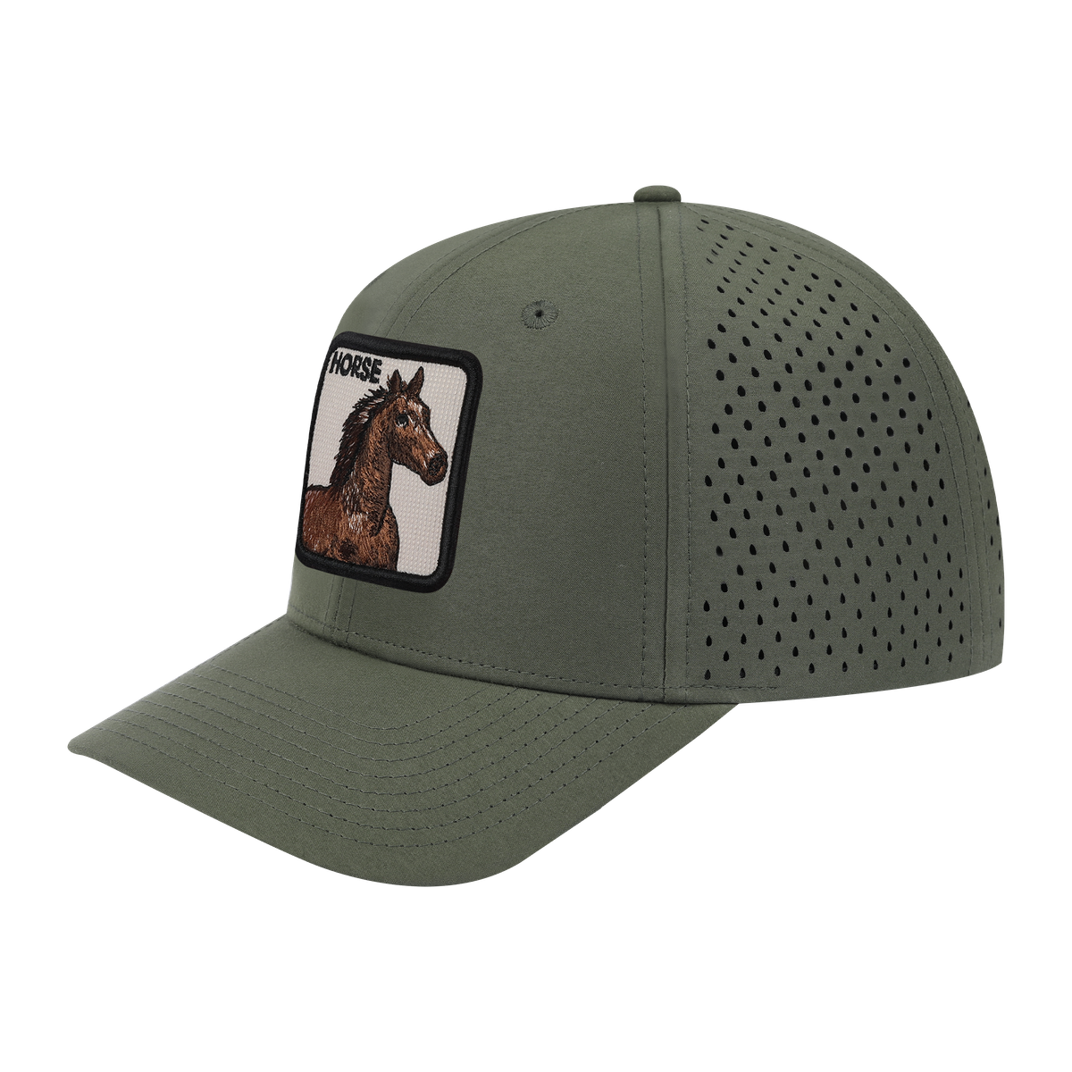 Unisex Embroidered The Horse, 6-Panel Microfiber Laser hole Trucker Hat, Olive Green/Olive Green, Adjustable Fit