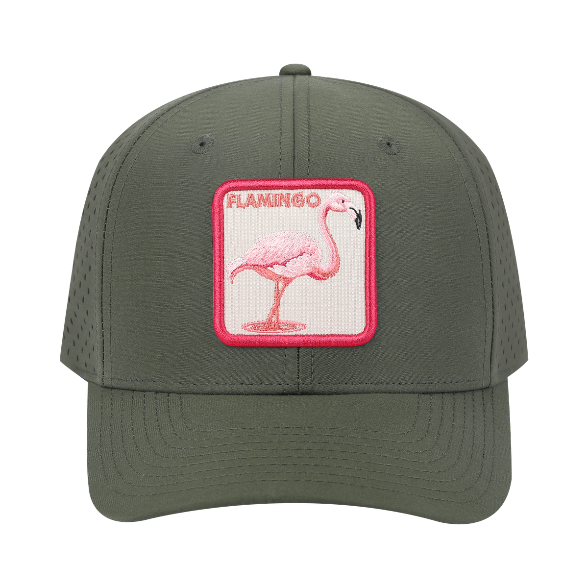 Unisex Embroidered The Flamingo, 6-Panel Microfiber Laser hole Trucker Hat, Olive Green/Olive Green, Adjustable Fit
