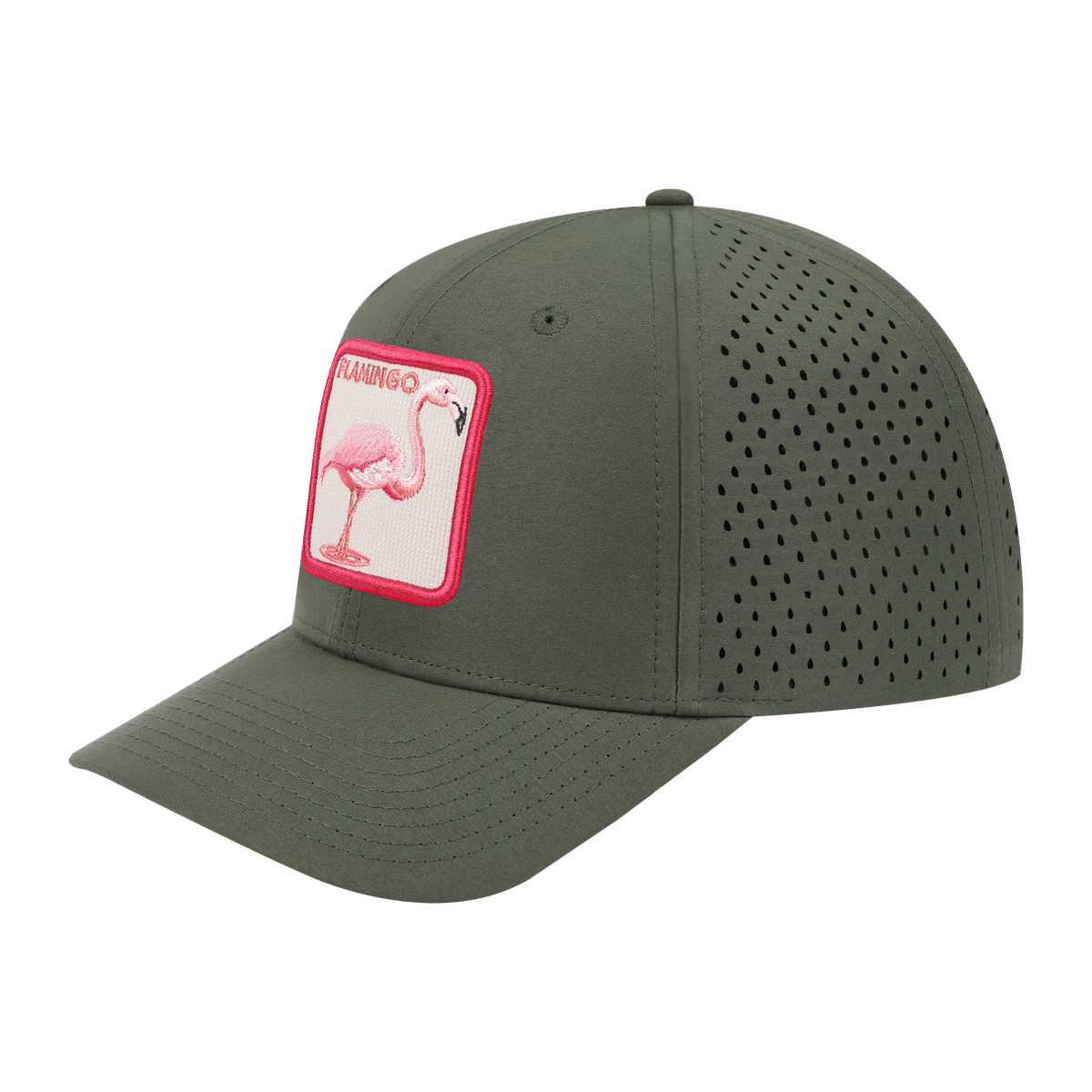 Unisex Embroidered The Flamingo, 6-Panel Microfiber Laser hole Trucker Hat, Olive Green/Olive Green, Adjustable Fit