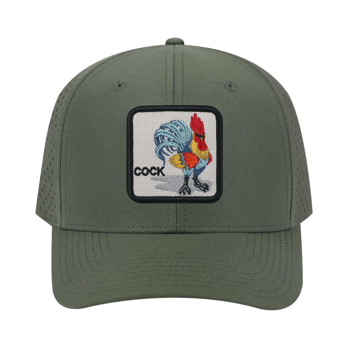 Unisex Embroidered Logo Cock, 6-Panel Microfiber Laser hole Trucker Hat, Olive Green/Olive Green, Adjustable Fit