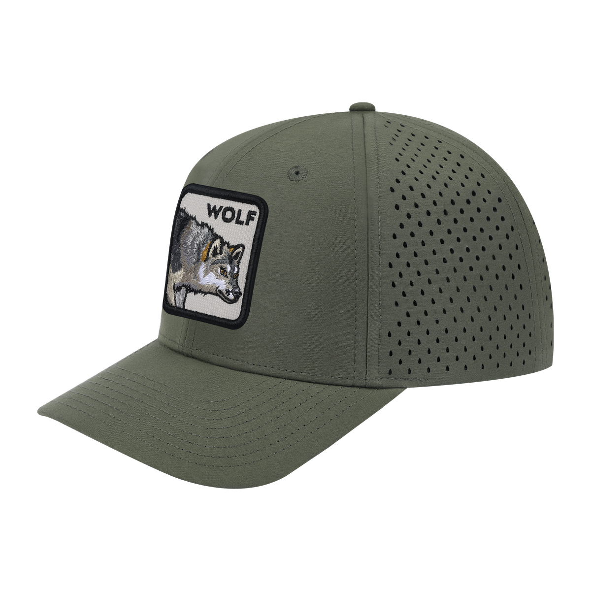 Unisex Embroidered The Wolf, 6-Panel Microfiber Laser hole Trucker Hat, Olive Green/Olive Green, Adjustable Fit