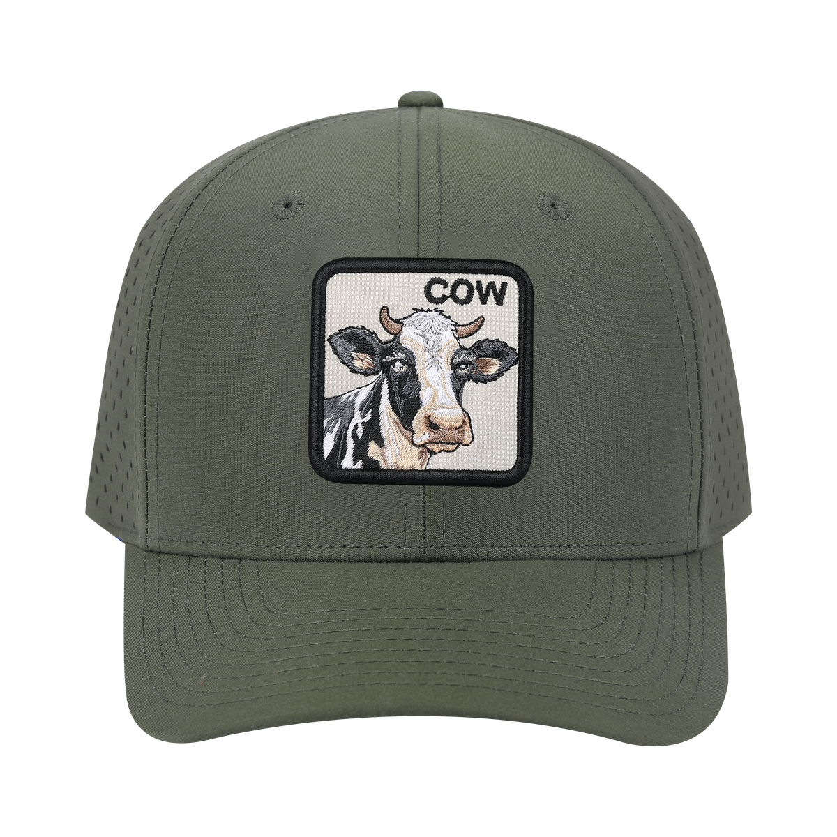 Unisex Embroidered The Cow, 6-Panel Microfiber Laser hole Trucker Hat, Olive Green/Olive Green, Adjustable Fit