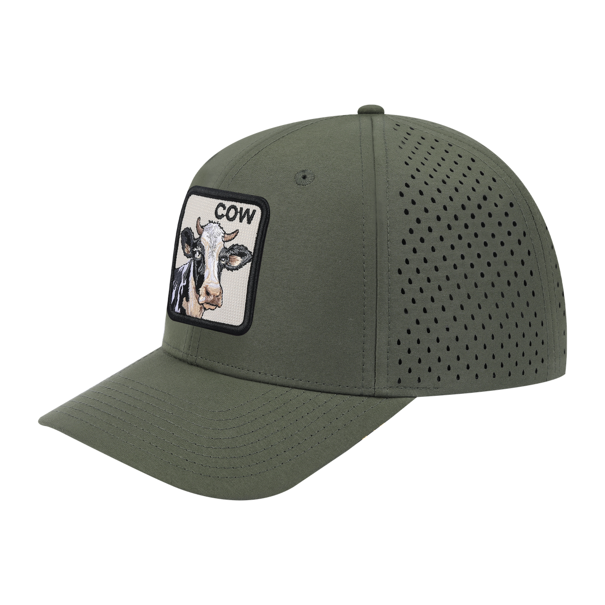 Unisex Embroidered The Cow, 6-Panel Microfiber Laser hole Trucker Hat, Olive Green/Olive Green, Adjustable Fit