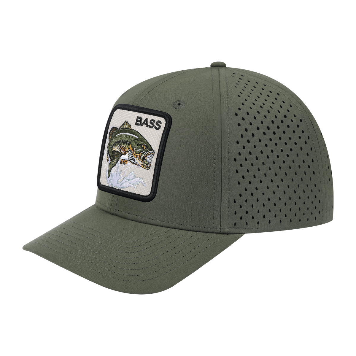 Unisex Embroidered The Bass, 6-Panel Microfiber Laser hole Trucker Hat, Olive Green/Olive Green, Adjustable Fit